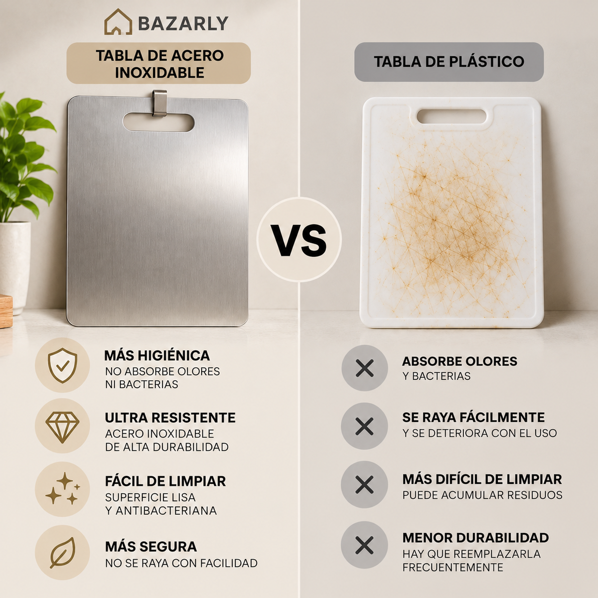 Tabla de Cortar Acero Inoxidable Bazarly - 35 x 24 cm
